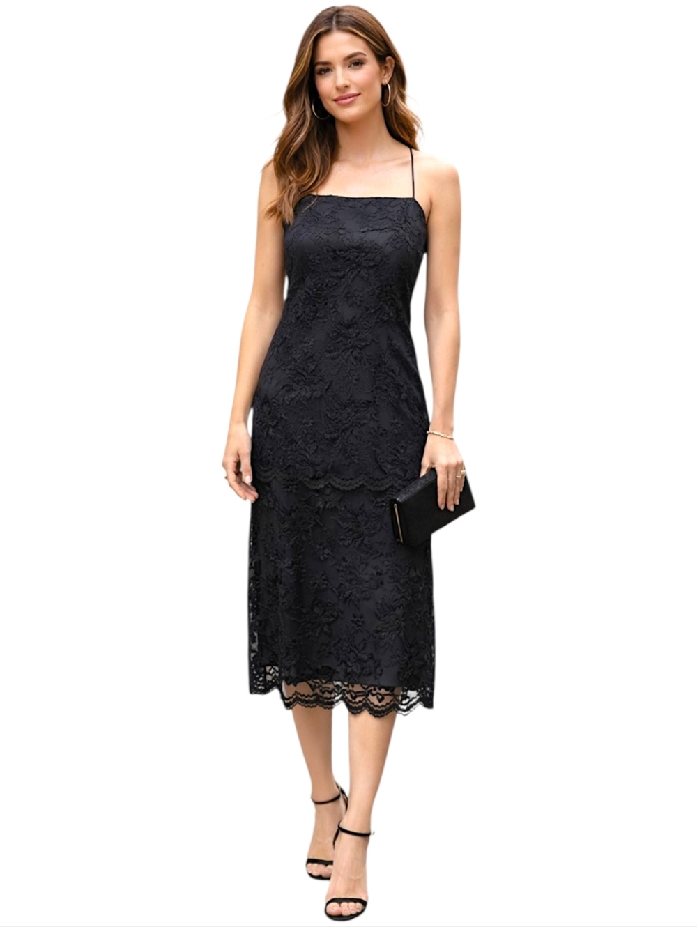 Vintage Nancy Bracoloni‎ Lace Dress Sz 10 Black Midi Applique LBD Cocktail Party - Picture 14 of 16